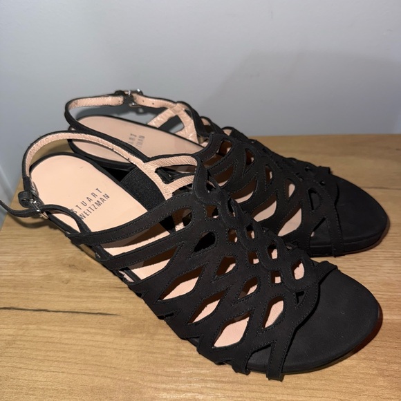 Stuart Weitzman Black Suede Leather Peep Toe Heels Sz‎ 8 L